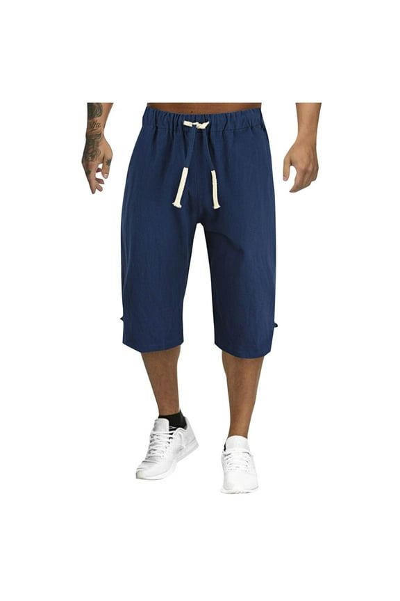Men's Cotton Linen Capri Pants Casual Lightweight Drawstring Cropped Pants Big and Tall Men Beach Pants with Pockets
