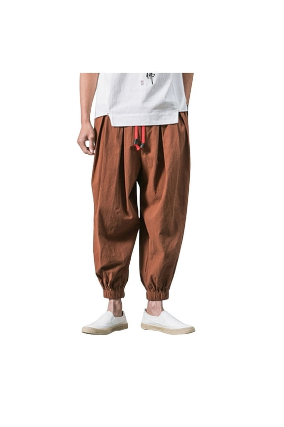 Men's Cotton Linen Harem Pants Boho Drawstring Cinch Bottom Trousers Lightweight Loose Beach Vacation Pants with Pockets