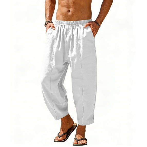hotojiny Men's Cotton Linen Harem Pants Lightweight Loose Beach Yoga Pants Elastic Waist Casual Cropped Trousers with Pockets M-3XL