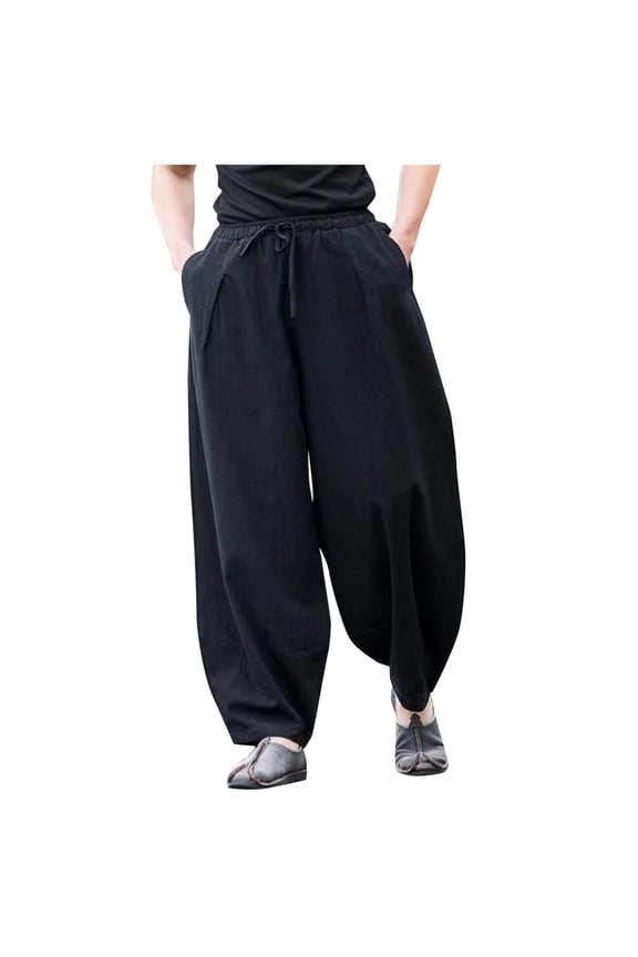 Men's Cotton Linen Pants Big and Tall Drawstring Casual Harem Pants Elastic Waist Beach Boho Yoga Summer Trousers