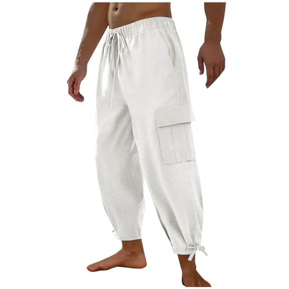 hotojiny Men's Cotton Linen Pants Casual Baggy Harem Pants Solid Elastic Waist Cinch Bottoms Beach Cargo Trousers