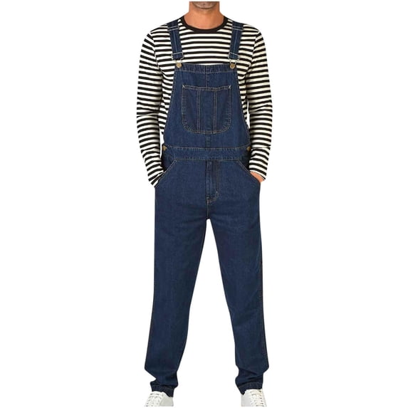 hotojiny Men's Denim Bib Overall Slim Fit Stretchy Fashion Sleeveless Jean Romper Trousers Adjustable Strap Workwear Jumpsuit with Pockets