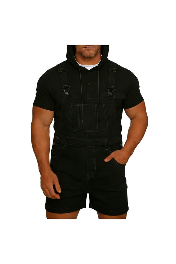 Men's Denim Overalls Shorts Jean Bib Jumpsuit Lightweight Adjustable Straps Casual Workwear Summer Romper with Pockets