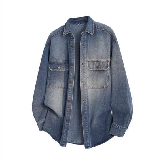 hotojiny Men's Denim Shirt Trendy Long Sleeve Two Pockets Work Shirt Loose Fit Button down Washed Jean Coat Streetwear L-3Xl