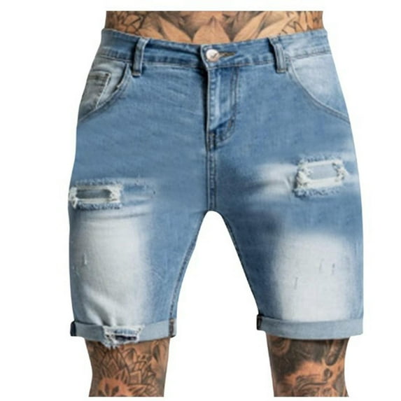 hotojiny Men's Denim Shorts Trendy Button Slim Fit Stretch Short Jeans Vintage Ripped Summer Jean Shorts with Pockets