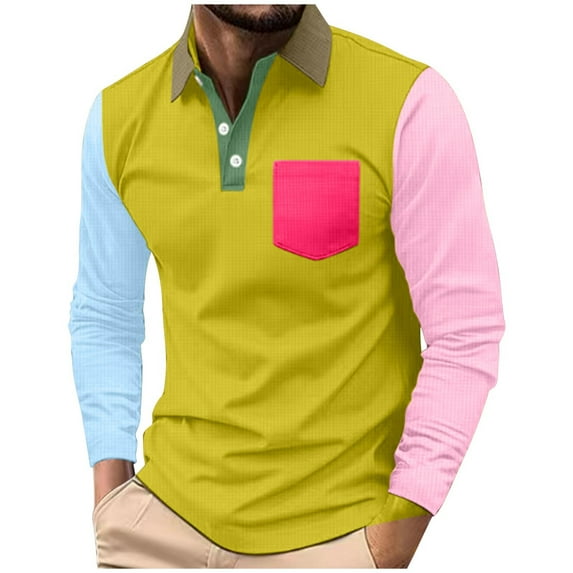 hotojiny Men's Fashion Shirt Casual Long Sleeve Big and Tall Golf Sport Pullover Stylish Colorblock Button Collared Casual Clothing
