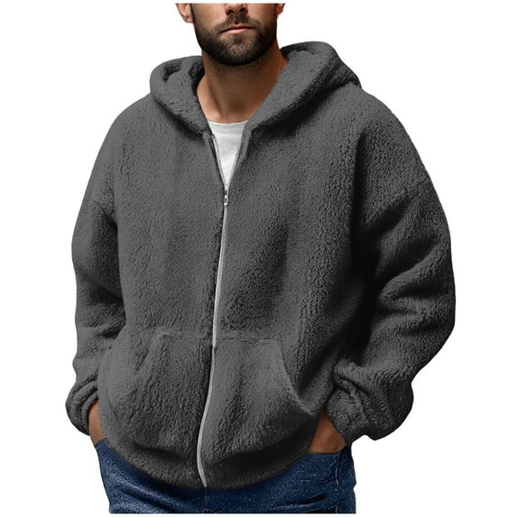 hotojiny Men's Fuzzy Sherpa Hoodie Sweatshirt Long Sleeve Full Zip Big and Tall Fleece Jackets Soft Loose Winter Outwear for Cold Weather