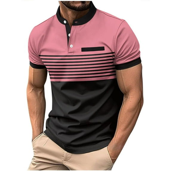 hotojiny Men's Henley Shirt Stripes Short Sleeve Work T-Shirts Fashion Colorblock Button Tops Casual Business Golf Tee