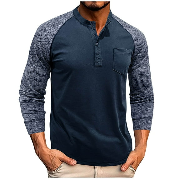 hotojiny Men's Henley Shirts Long Sleeve Lightweight Button Pullover Casual Fashion Colorblock Slim Fit Golf Tee Tops with Pocket