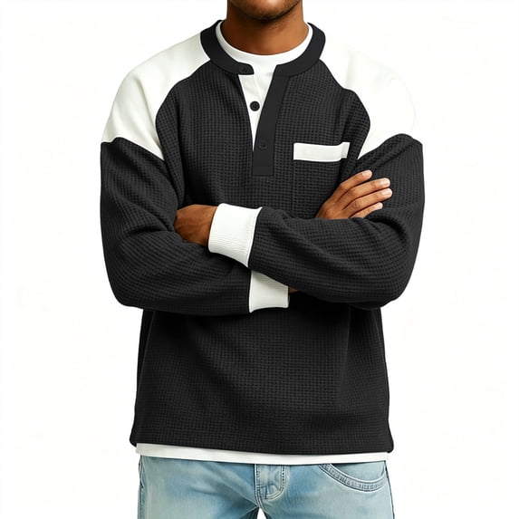 hotojiny Men's Henley Shirts Oversized Long Sleeve Casual Classic Tee Pullover Fall Color Block Pocket Button Sweatshirt(Black,3X-Large)