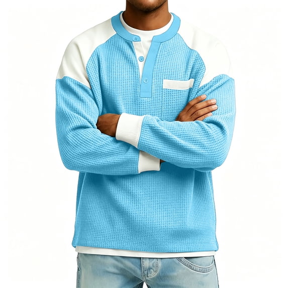 hotojiny Men's Henley Shirts Oversized Long Sleeve Casual Classic Tee Pullover Fall Color Block Pocket Button Sweatshirt(Light Blue,Small)