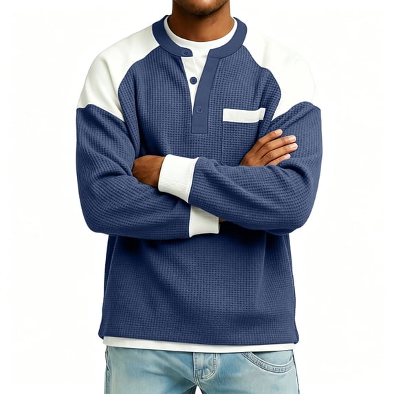 hotojiny Men's Henley Shirts Oversized Long Sleeve Casual Classic Tee Pullover Fall Color Block Pocket Button Sweatshirt(Navy,Medium)