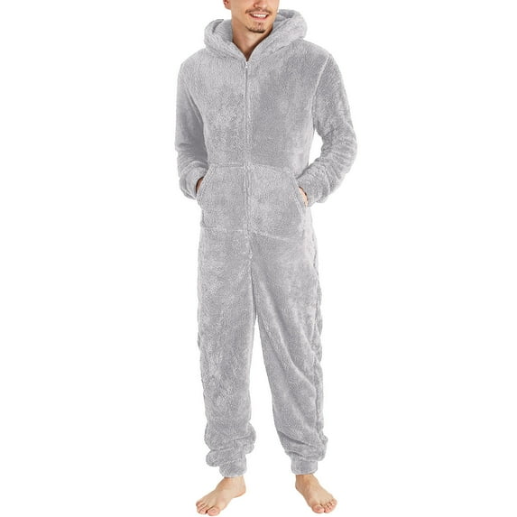hotojiny Men's Hooded Onesie Pajamas Lightweight Fuzzy Fleece Lined Zip up Jumpsuit Winter Warm Long Pants One Piece Pjs Sleepwear