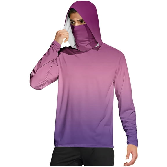 hotojiny Men's Hooded Sun Shirts with Mask Summer Fashion Fishing Shirts for Men Gradient Long Sleeve UPF 50 Hiking Light Jacket