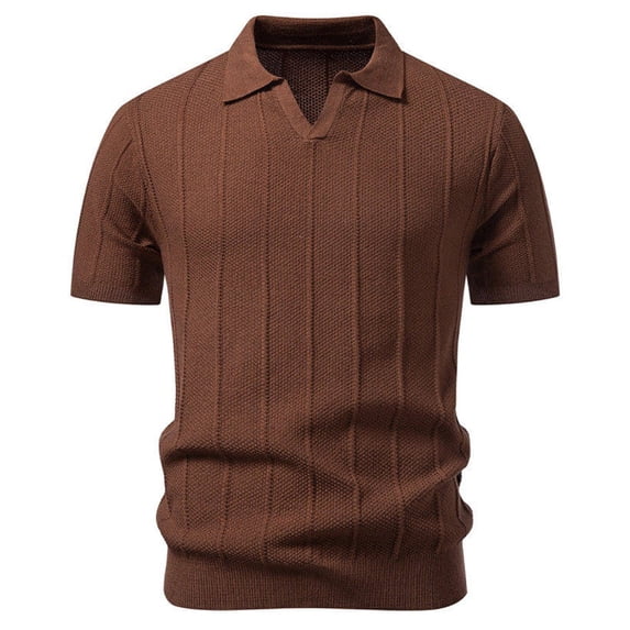 hotojiny Men's Knit Shirts Short Sleeve Casual Classic T-Shirts Collared Slim Fit Summer Pullover Tee Everyday Wear(Brown,X-Large)