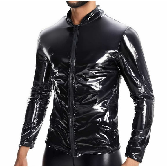 hotojiny Men’s Leather Shirts Sequin Slim Fit Stretch Top Trendy Long Sleeve Zip up PU Leather Coat for Club Party