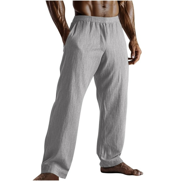 hotojiny Men's Lien Pants Lightweight Casual Elastic Waist Plain Pants Breathable Wide Leg Beach Vaction Clothes