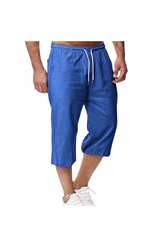 Men's Linen Capri Pants Lightweight Loose Fit 3/4 Shorts Drawstring Elastic Waist Casual Beach Boho Yoga Trousers