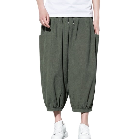 hotojiny Men's Linen Harem Pants Lightweight Loose Boho Yoga Trousers Big and Tall Drawstring Elastic Waist Beach Cropped Trousers
