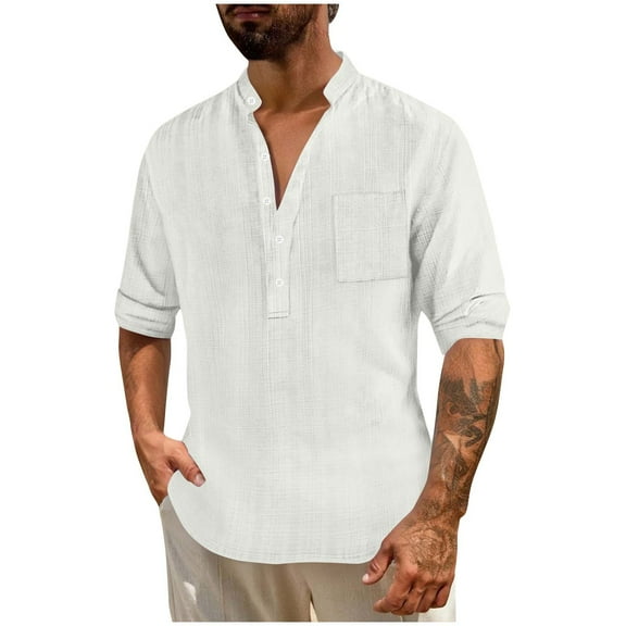 hotojiny Men's Linen Henley Shirt Classic Long Sleeve Casual Beach Shirts Breathable Half Button T-Shirts with Pocket