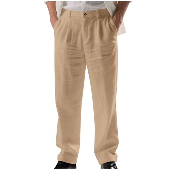 hotojiny Men's Linen Pants Beach Casual Summer Lightweight Button Baggy Trousers Classic Straight Leg Work Golf Pants with Pockets