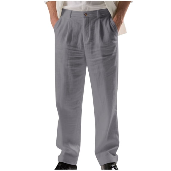 hotojiny Men's Linen Pants Beach Casual Summer Lightweight Button Baggy Trousers Classic Straight Leg Work Golf Pants with Pockets