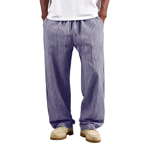 hotojiny Men's Linen Pants Lightweight Drawstring Elastic Waist Casual Pants with Pockets Loose Fit Striped Summer Beach Yoga Pants