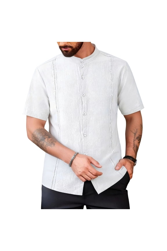 Men's Linen Shirts Short Sleeve Casual Button down Shirts Crew Neck Breathable Beach Summer Wedding Tops
