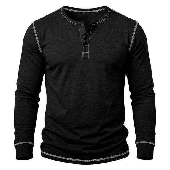 hotojiny Men's Long Sleeve Henley Shirts Crew Neck Button Spring Casual T-Shirts Soft Comfy Basic Tops(Black,Large)