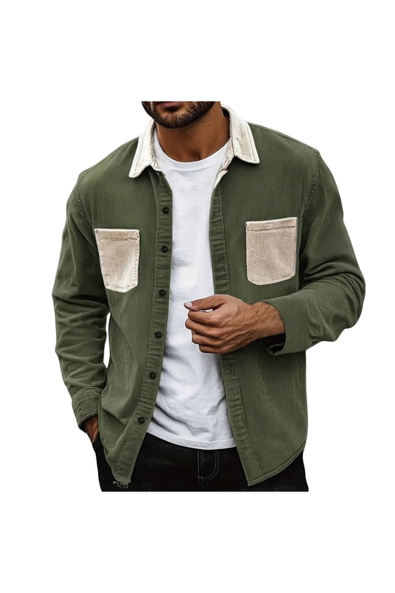 Men's Long Sleeve Shirt Corduroy Lapel Fall Jacket Stylish Colorblock Button down Coats Windproof Outwear with Pockets