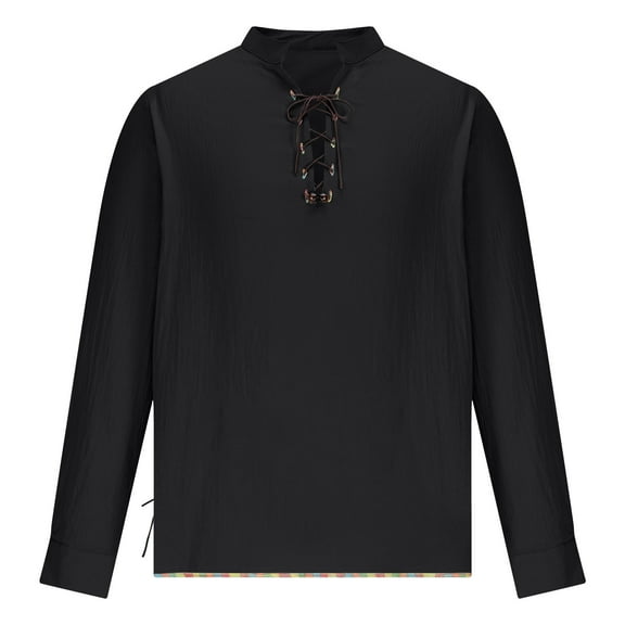 hotojiny Men's Long Sleeve Shirts Lace up Renaissance Tops Classic Vintage V Neck Party Clubwear Fall Clothes