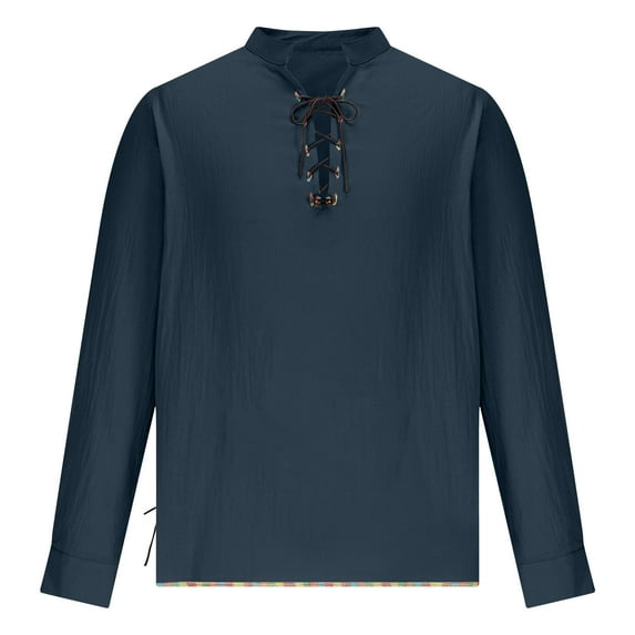 hotojiny Men's Long Sleeve Shirts Lace up Renaissance Tops Classic Vintage V Neck Party Clubwear Fall Clothes