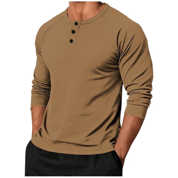 hotojiny Men's Muscle Henley Shirts Stretch Long Sleeve Button T-Shirt Casual Crew Neck Stylish Pullover Spring Outfit