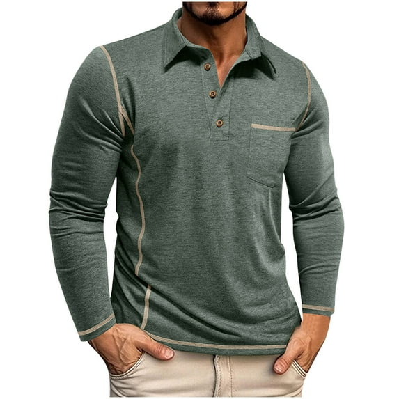 hotojiny Men's Muscle Shirts Long Sleeve Casual Fashion Tee Color Block Slim Fit Golf Shirt with Pocket Fall
