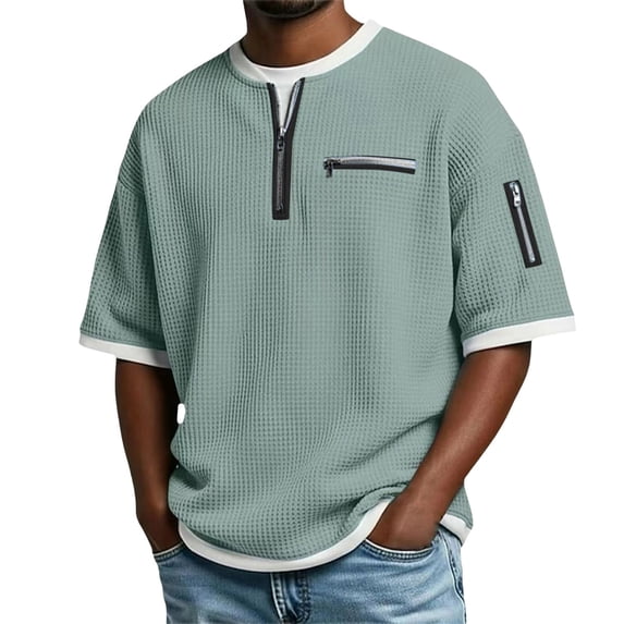 hotojiny Men's Quarter Zip Pullover Lightweight Textured Half Sleeve Sweatshirt Casual Crew Neck Patchwork Shirts
