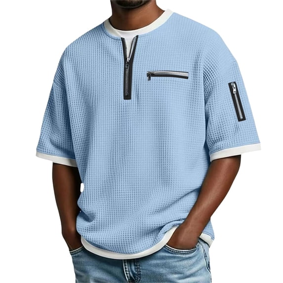 hotojiny Men's Quarter Zip Pullover Lightweight Textured Half Sleeve Sweatshirt Casual Crew Neck Patchwork Shirts
