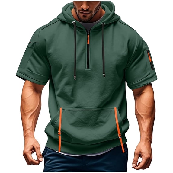 hotojiny Men's Quarter Zipper Sweatshirt Fashion Colorblock Short Sleeve Hoodie Workout Gym Loose Fit Athletic Pullover with Pocket