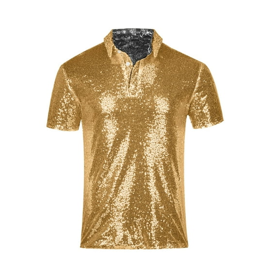 hotojiny Men's Sequins Shirt Sparkle Glitter Short Sleeve Collar Nightclub Party Tops 70s Sparkle Glitter Button Tee