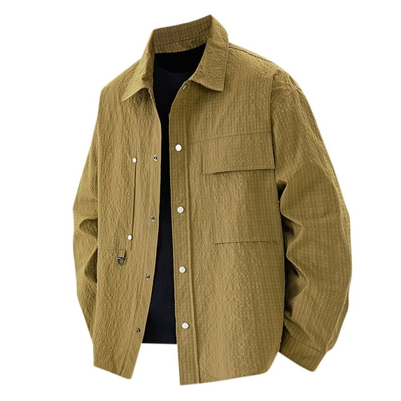 hotojiny Men's Shirt Jacket Shacket with Flap Pockets Casual Long Sleeve Textured Fall Coat Vintage Button down Shirts Jacket