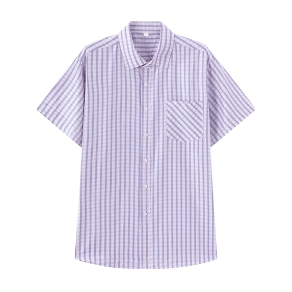 hotojiny Men's Short Sleeve Shirt Regular Fit Button Down Collar Shirts Business Wedding Casual Plaid Shirt with Pocket