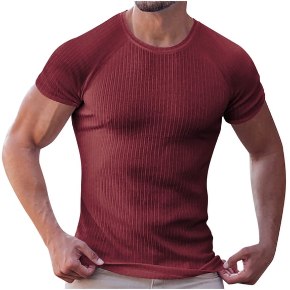 hotojiny Men's Short Sleeve T-Shirt Stretchy Slim Fit Crew Neck Shirts Ribbed Basic Tee Casual Underwear Athletic Muscle T Shirt