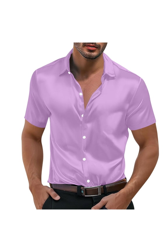 Men's Silk Satin Dress Shirt Soft Short Sleeve Casual Business Shirt Stylish Button down Shirts for Party Wedding S-5XL