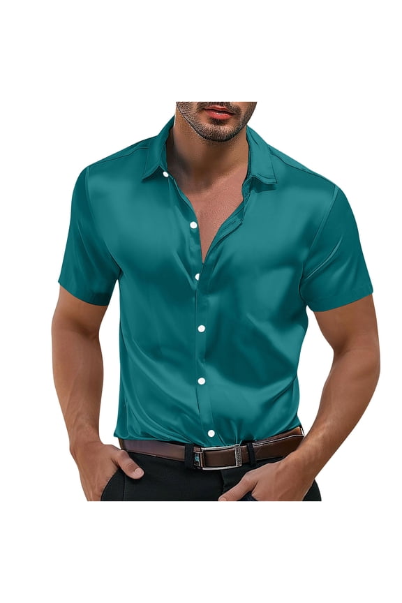 Men's Silk Satin Dress Shirt Soft Short Sleeve Casual Business Shirt Stylish Button down Shirts for Party Wedding S-5XL