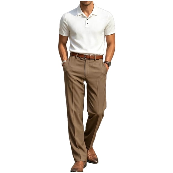 hotojiny Men's Suits 2 Piece Set Casual Regular Fit Short-Sleeve Shirt and Pants Set for Office Business Wedding(Khaki,Small)