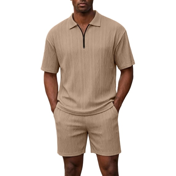 hotojiny Men's Summer Beach Outfits 2 Piece Sweatsuits Big and Tall Golf Shirts 1/4 Zip Top and Shorts Vacation Texture Sets(Khaki,Small)