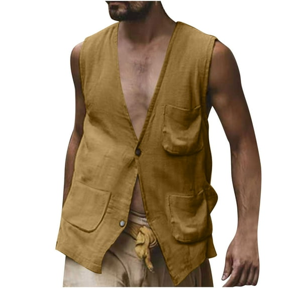 hotojiny Men's Summer Shirt Casual Cotton Linen Sleeveless Button Vest Comfortable Solid Color Beach Tops with Multiple Pockets