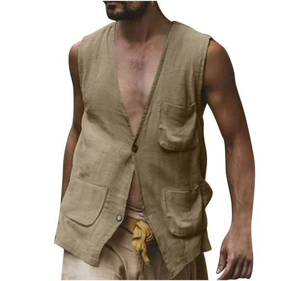 hotojiny Men's Summer Shirt Casual Cotton Linen Sleeveless Button Vest Comfortable Solid Color Beach Tops with Multiple Pockets
