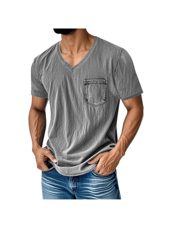 Men's T-Shirts Oversized Baggy Tops Loose Fit Vintage Streetwear Casual V Neck Short Sleeve Gym Tee with Pocket