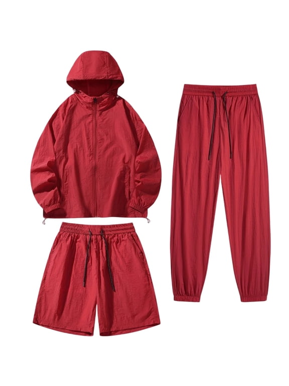 Men's Tracksuit 3 Piece Outfit Sun Protection Hooded Athletic Sweatsuit Casual Sports Hoodie Shorts with Sweatpants(Wine,Small)