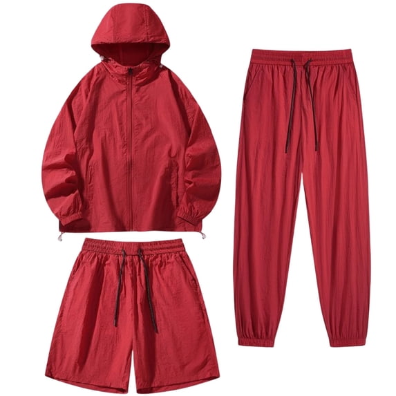 hotojiny Men's Tracksuit 3 Piece Outfit Sun Protection Hooded Athletic Sweatsuit Casual Sports Hoodie Shorts with Sweatpants(Wine,X-Large)